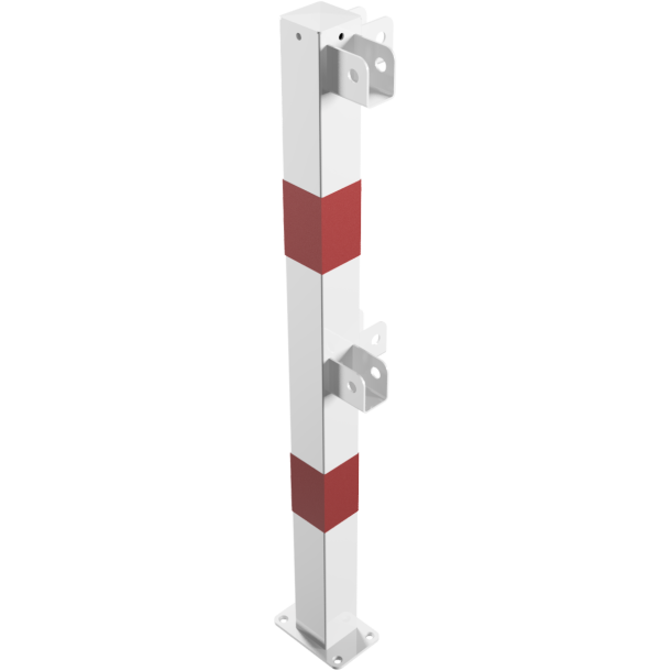 Beskyttelsesgel�nder | St�lr�r 70 x 70 mm | Fast stolpe, der fastg�res med dybdebor | Hj�rnestolpe til top- og kvartb�jet stang | Varmgalvaniseret og hvidmalet med r�de reflekterende striber